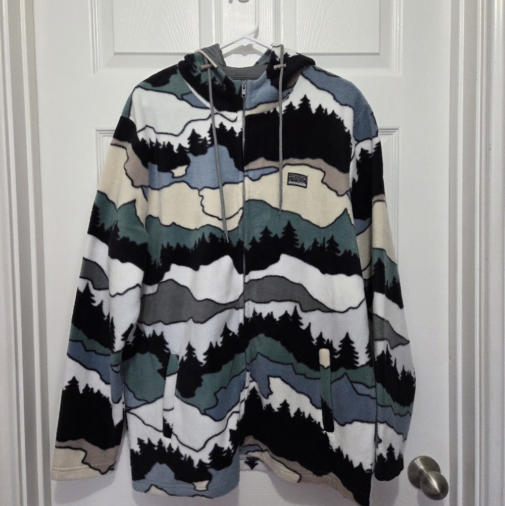 Free Nature Mountain Pattern Full Zip up Polar Fleece Hooded Jacket Size Large - Picture 3 of 13
